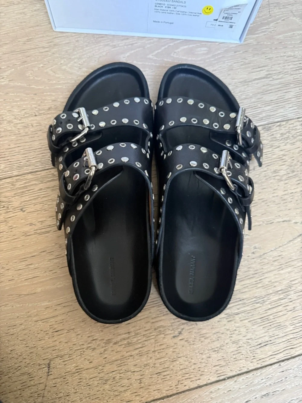 Isabel Marant Black Leather Studded Double-Buckle Slide Sandals - Picture 4 of 6